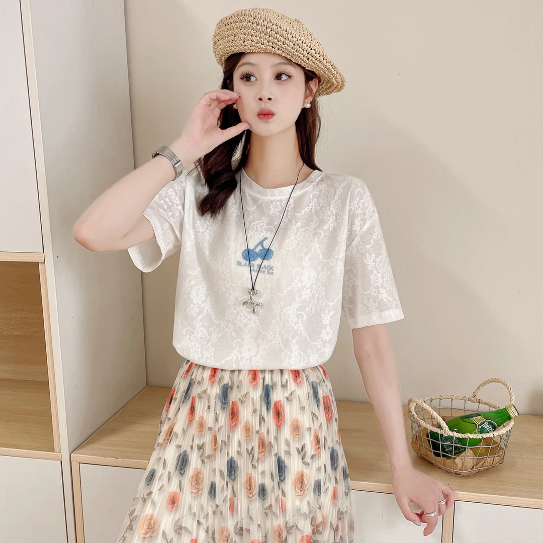 苏醒的乐园樱桃t恤女夏季新款95棉SXT53059正面内里复合蕾丝