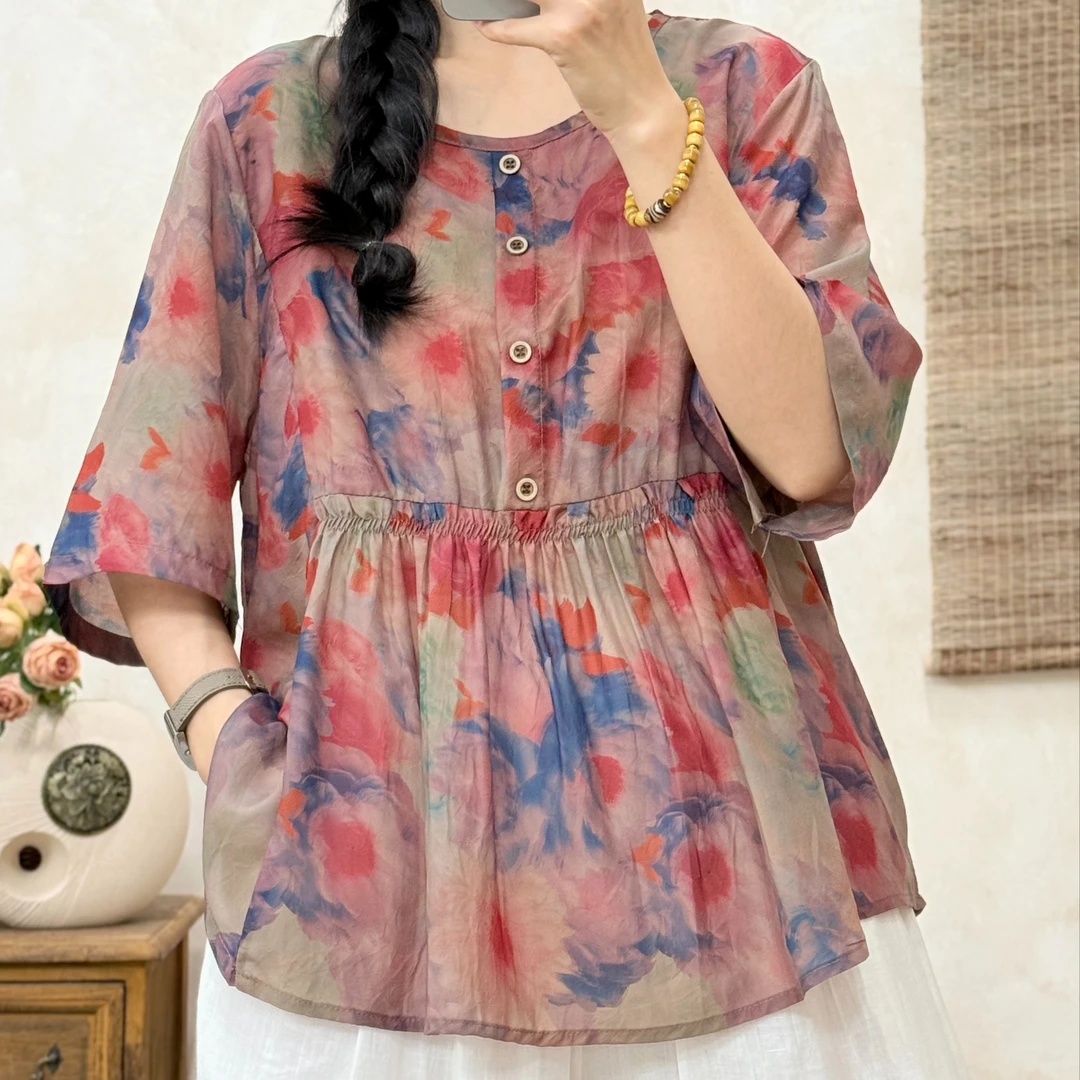 8780新款夏季优雅减龄碎花复古小衫T恤QZ