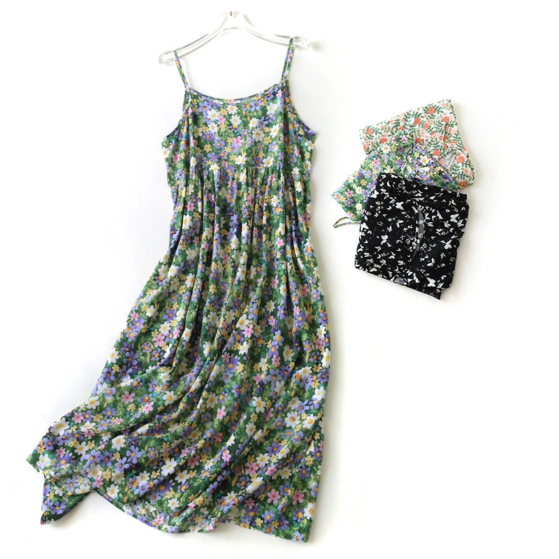 夏季小清新超好看长款碎花棉绸吊带连衣裙收腰绵绸印花大摆裙