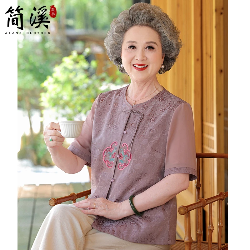 简溪老年人夏装女奶奶新中式国风衬衫中老年妈妈装夏季气质上衣服