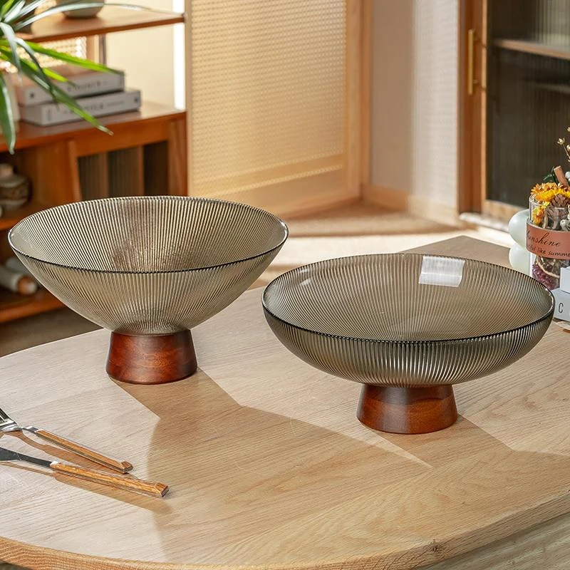 中式实木大号高脚水果盘玻璃家用客厅茶几果盆高档大气糖果零食盘