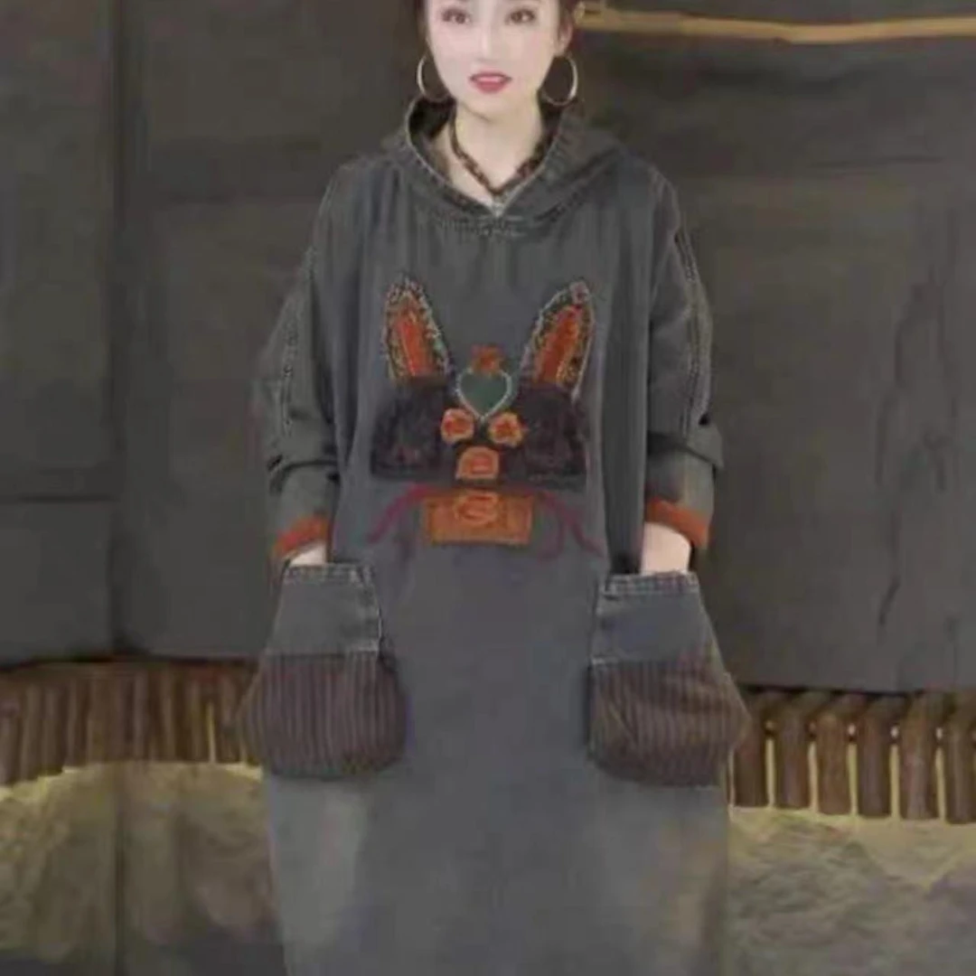 复古炒色宽松百搭卡通贴布牛仔裙新款时尚连帽休闲连衣裙女D33