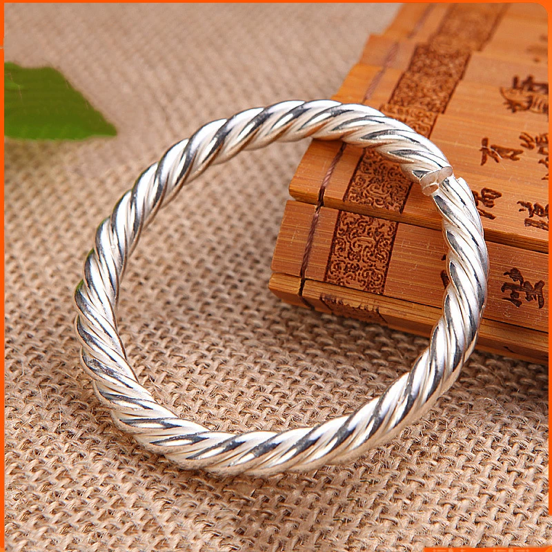 足银手镯 足银9999古法银手镯开口实心夹丝麻花银镯子时尚百搭