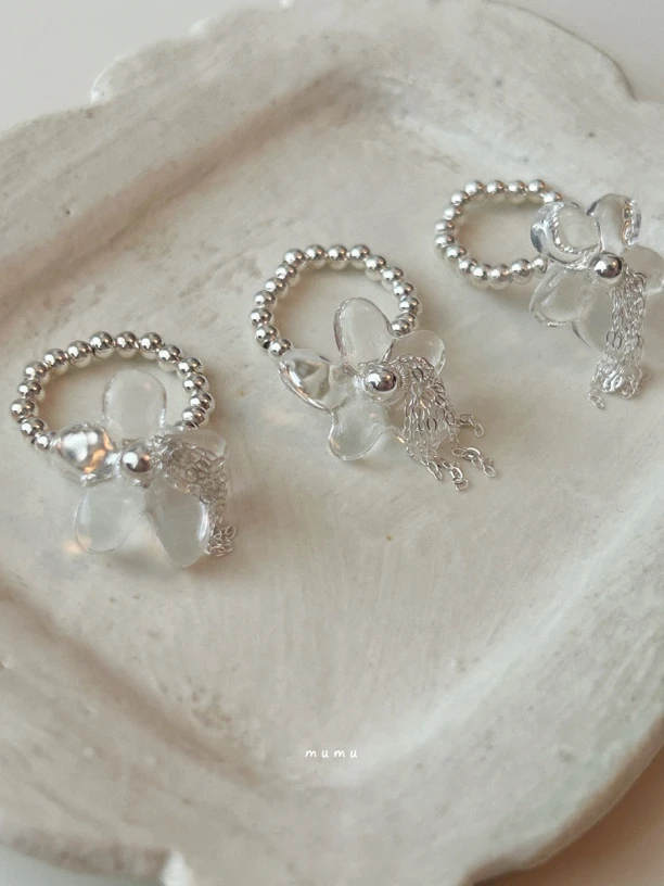 925银琉璃戒指 mumu 琉璃流苏小花弹力绳戒指可爱百搭透明感戒指