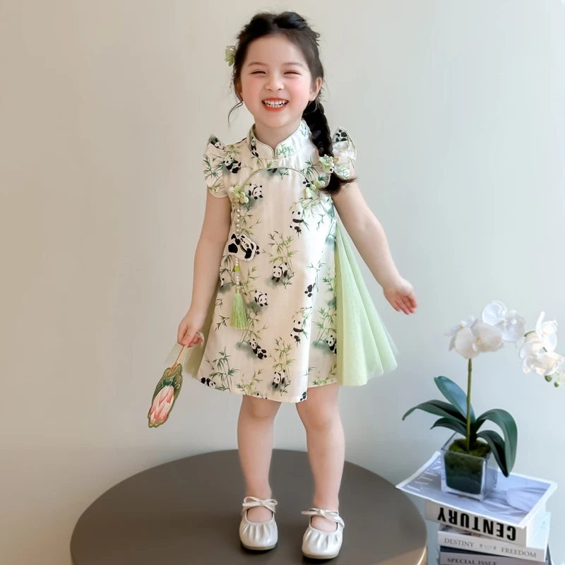 女童夏季旗袍裙中国风2025新洋气网纱背心儿童夏装裙子小女孩长裙