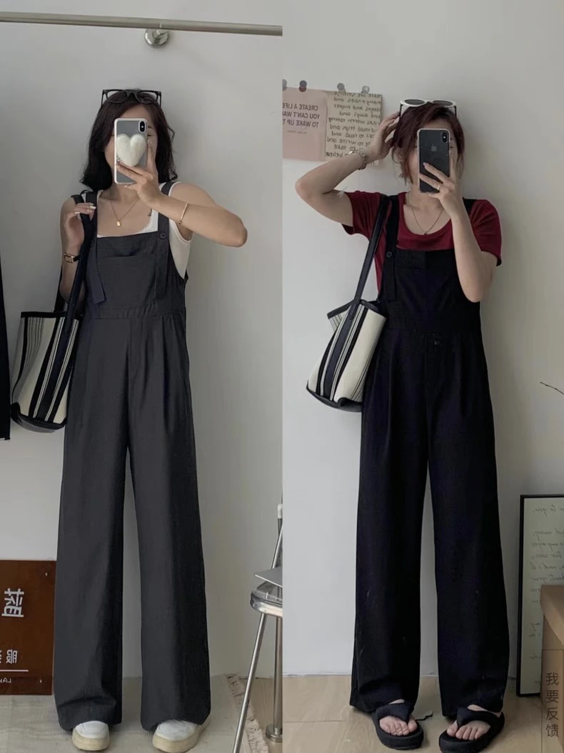 蓝酱酱小个子女装 显高加分 高腰宽松西装背带裤