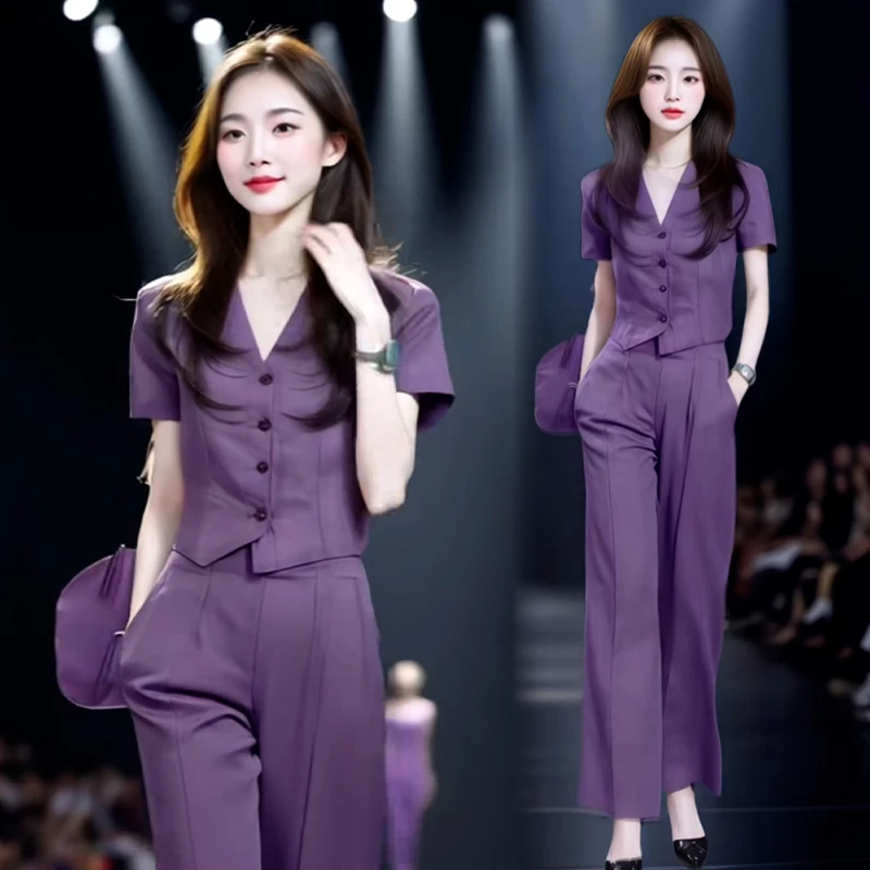 2025年夏季新款高级感休闲套装女士气质开衫短袖显瘦直筒裤两件套