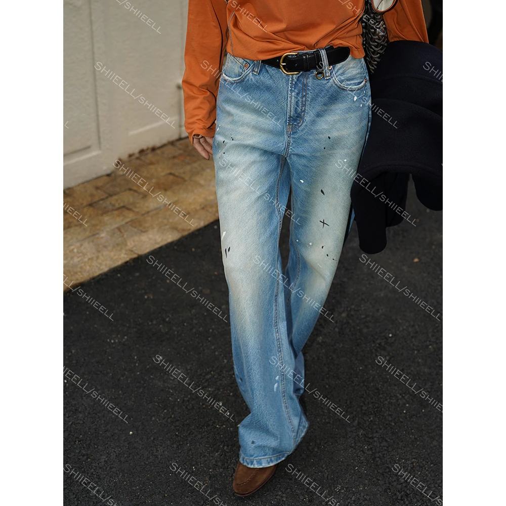 SHIIEELL【斜纹竹节泼墨裤】时尚显瘦阔腿破洞修身牛仔裤Z0300