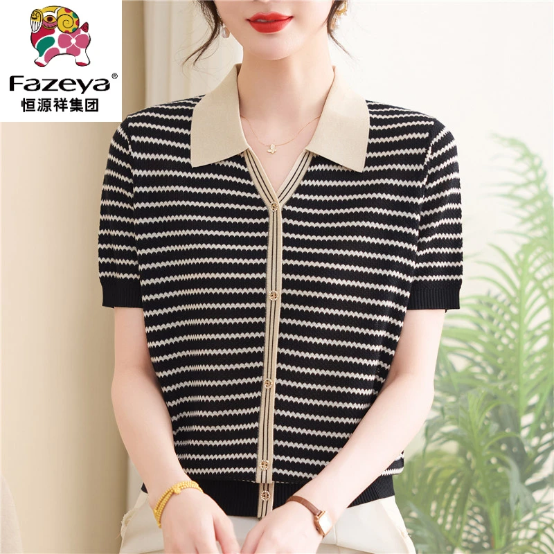 恒源祥彩羊妈妈夏装薄款短袖t恤小衫洋气中老年女夏季翻领时尚冰