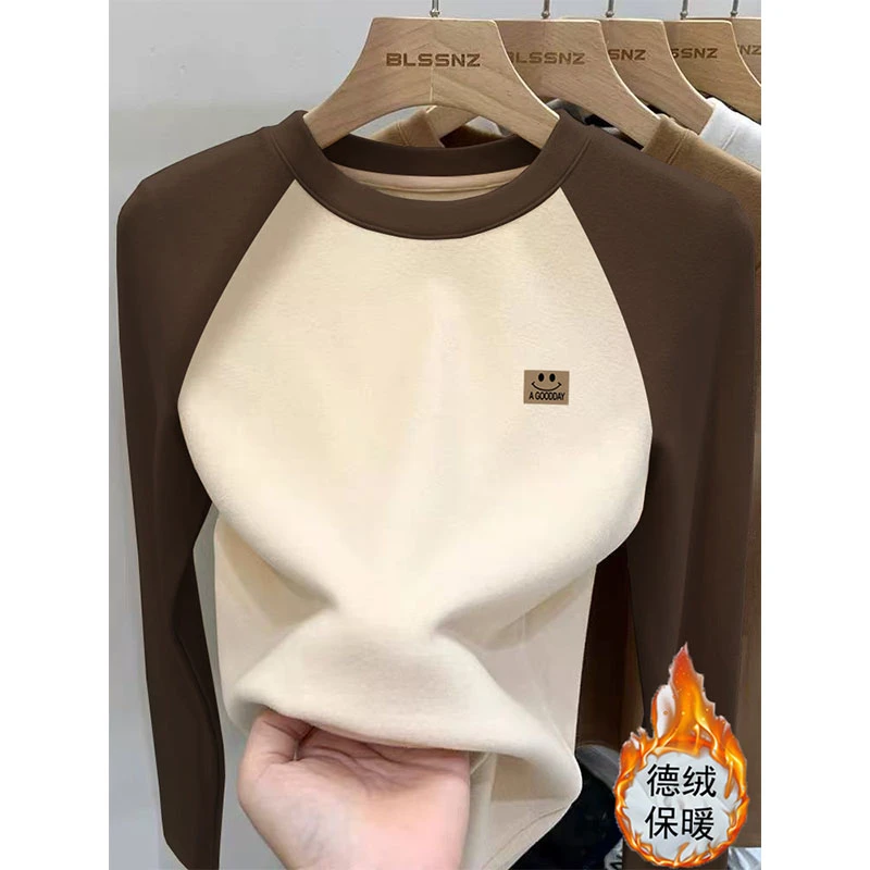 德绒拼色正肩圆领长袖t恤女装2025秋冬季加厚款保暖打底衫上衣潮