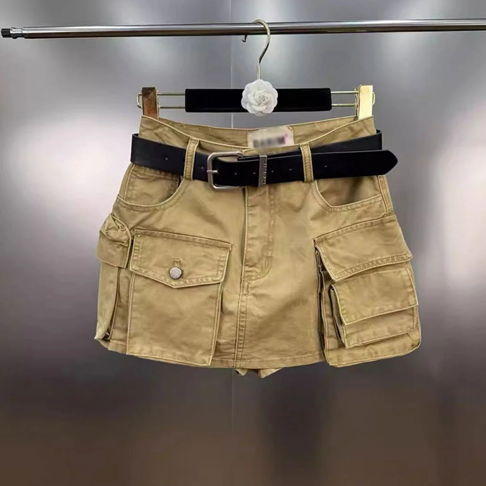 2025年夏季时尚显瘦气质辣妹街头多口袋装饰搭配腰带复古工装短裙