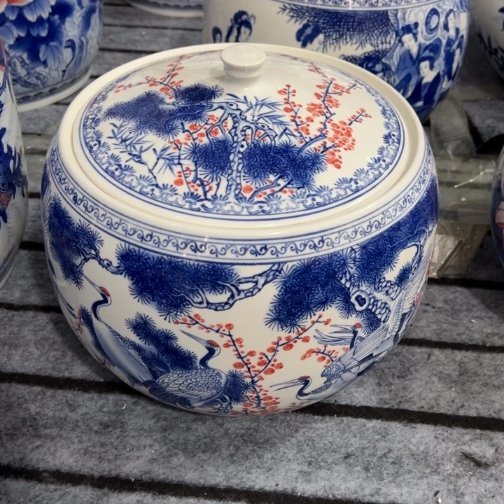 瓷片天*心纪念瓷器松鹤延年聚宝盆带盖