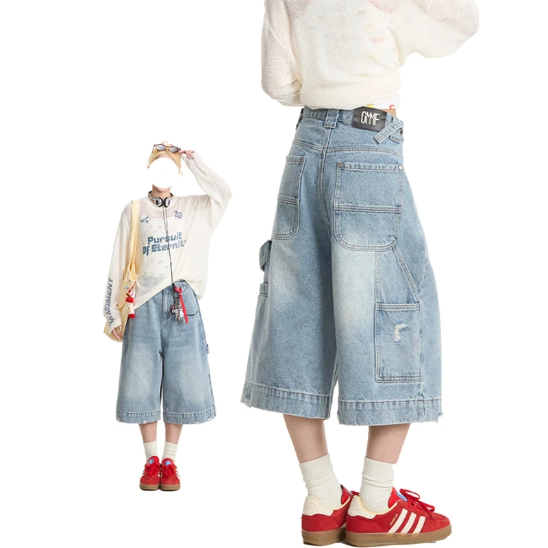 美式做旧水蓝色复古牛仔短裤女夏季水洗挂饰宽松休闲中裤七分裤子