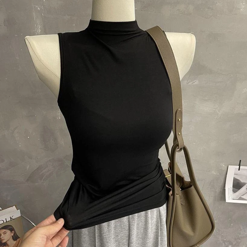 白色薄款小半高领无袖背心女夏季2025新款内搭坎肩冰丝打底外穿