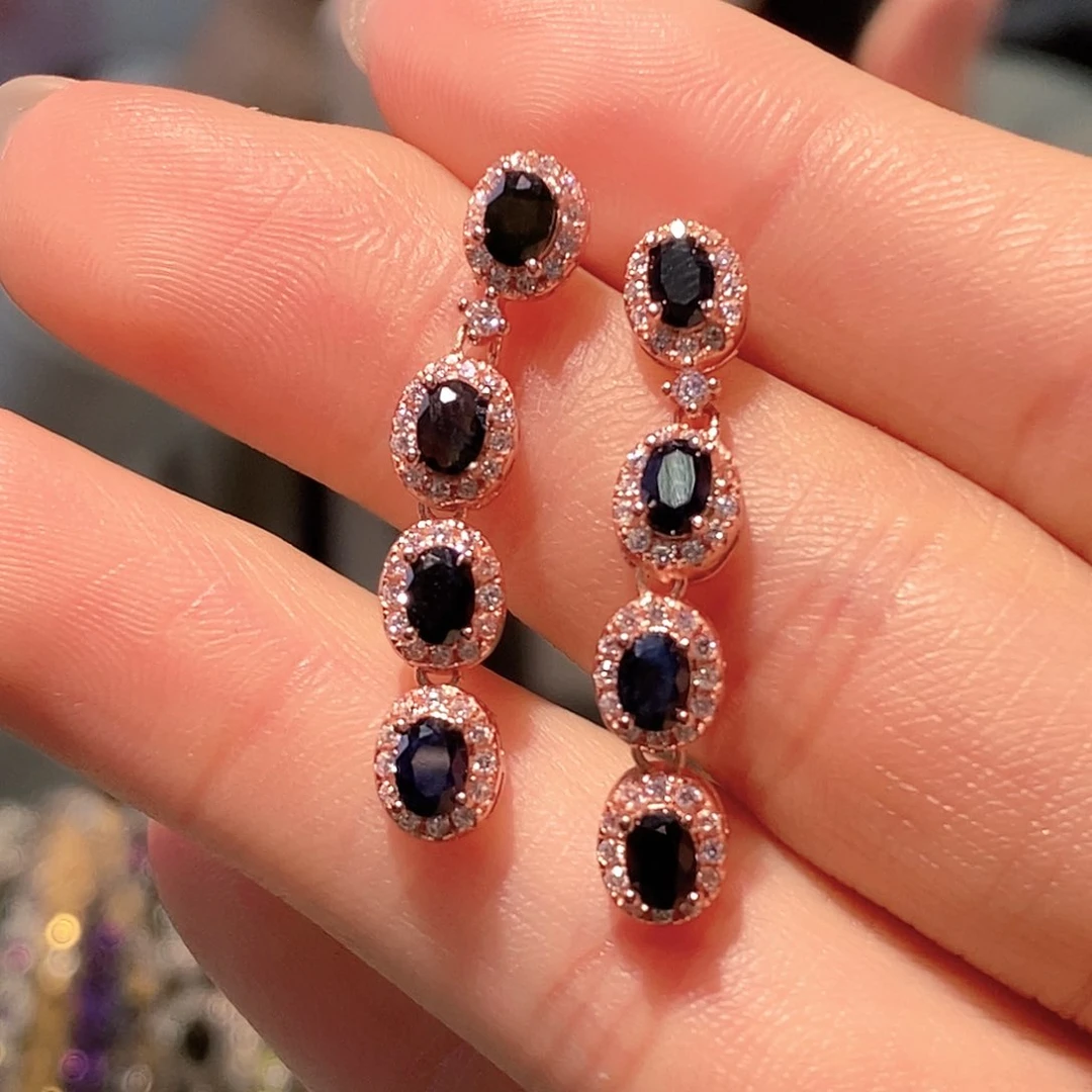 耳饰蓝宝石银S925镶嵌天然蓝宝石