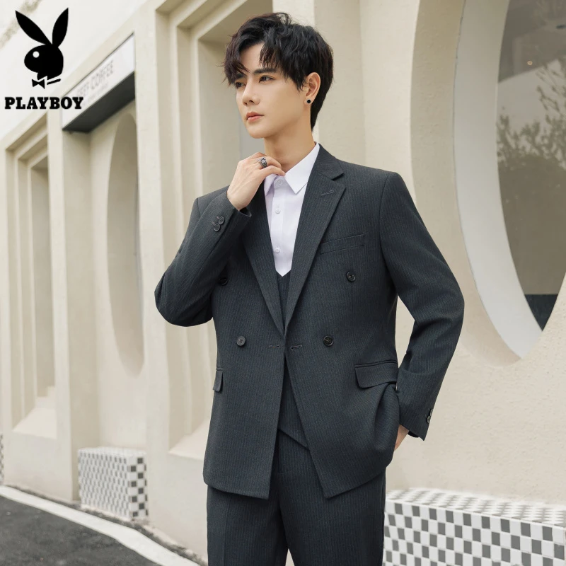 花花公子西装外套男结婚双排扣伴郎礼服修身韩版新郎小西服两件套