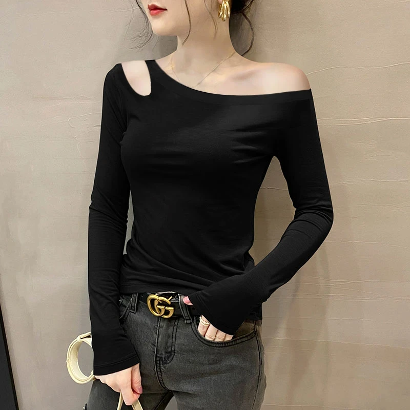 黑色斜领一字肩长袖打底衫女露肩内搭春季新款修身t恤小众上