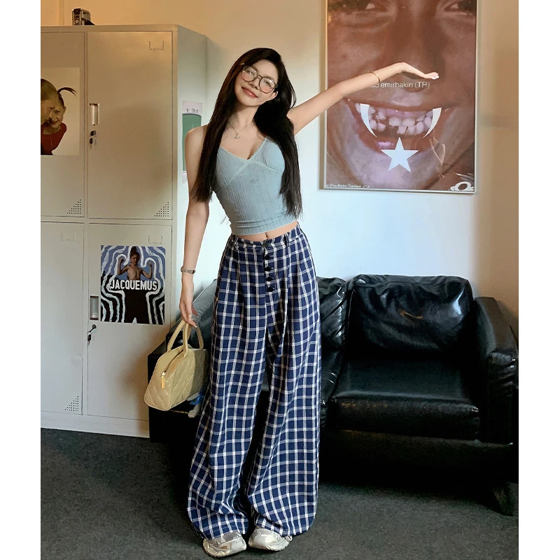 赵露思明星同款藏蓝色垂感慵懒风格子阔腿裤女夏季宽松薄款休闲裤