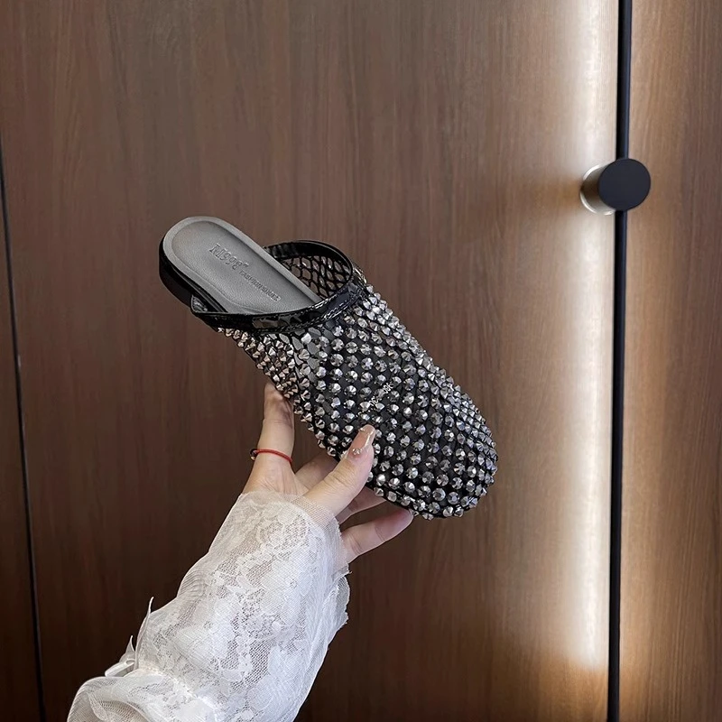 2025水钻女鞋春夏新款平底镂空包头两穿凉拖鞋时尚百搭外穿女凉鞋