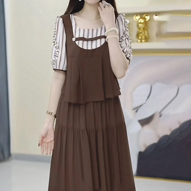 D539假两件轻羽丝雪纺连衣裙女遮肉显瘦2025夏季新款时尚套装裙子