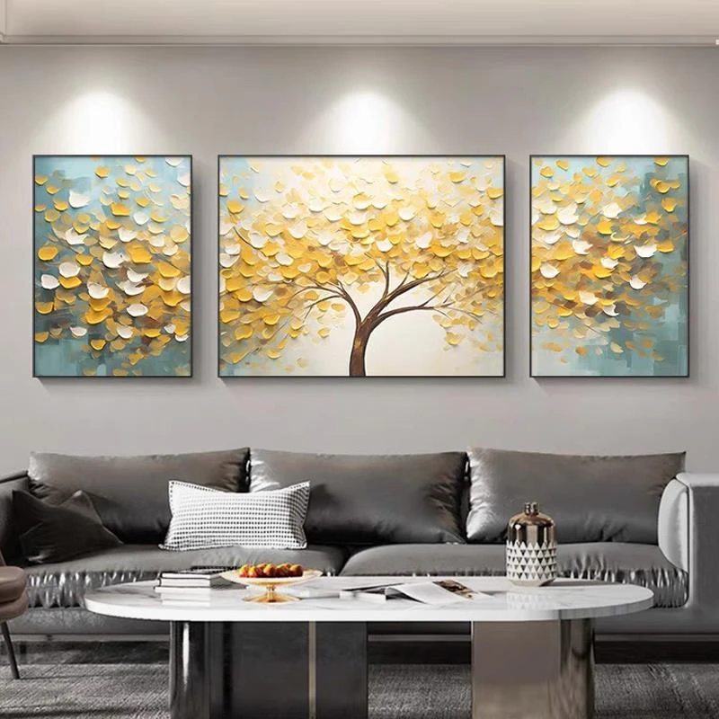 2025新款金色发财树客厅装饰画寓意好沙发背景墙挂画极简轻奢壁画