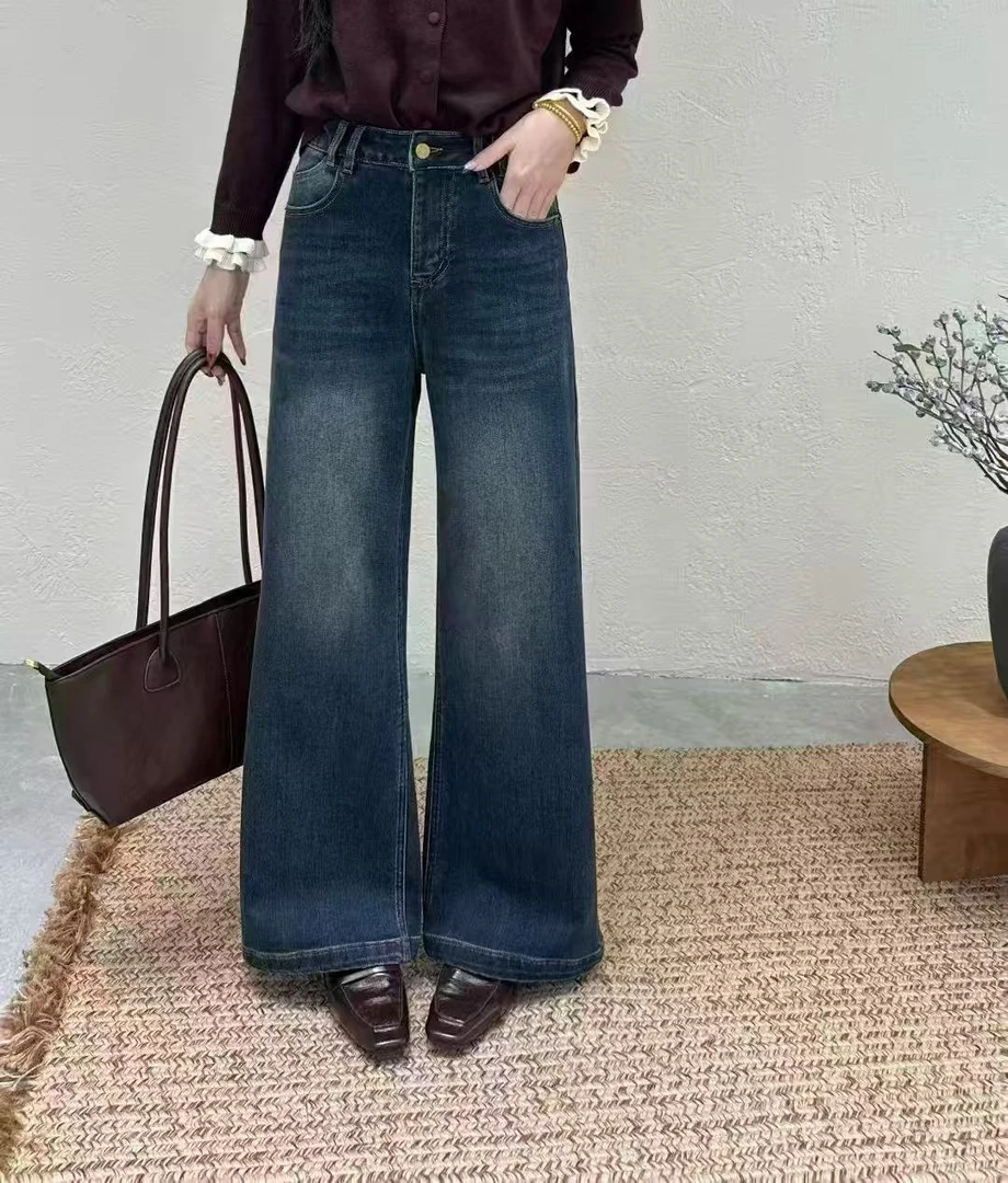 6923#不贴腿复古喇叭牛仔长裤秋冬新款高腰宽松显瘦弹力百搭裤