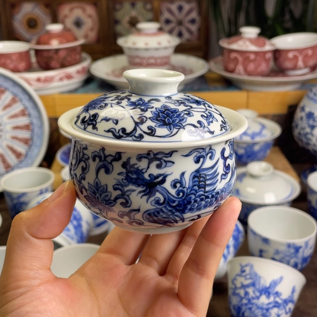 古****11景德镇青花凤盖碗