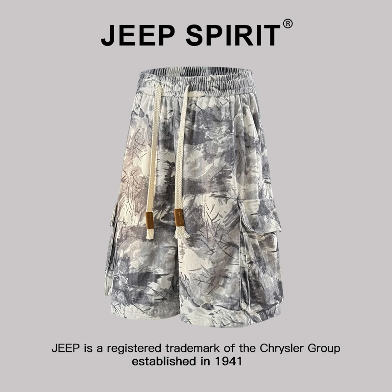 JEEPSPIRIT吉普灯芯绒工装五分裤男夏季潮流宽松水墨扎染休闲短裤