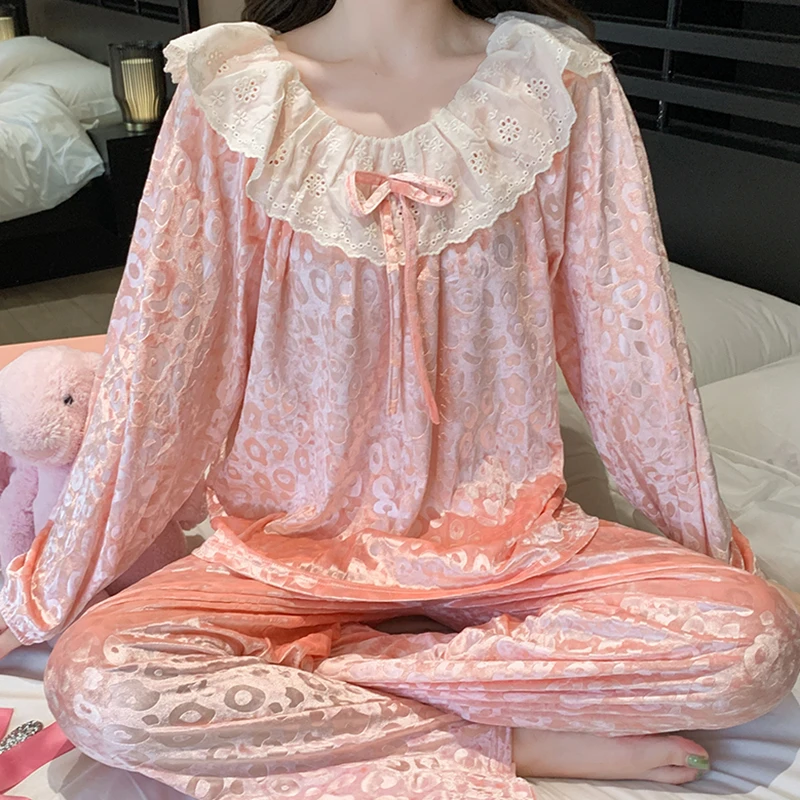 【星】睡衣女秋冬季少女甜美蕾丝甜美花边长袖长裤家居服套装2035