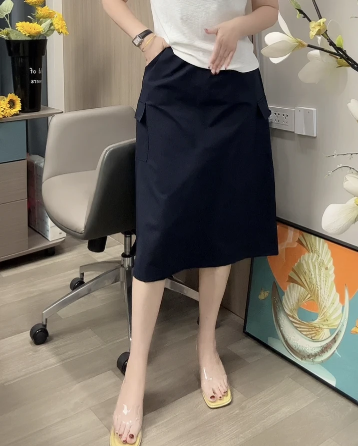 工装裙中腰高腰口袋韩版裙子A型纯色半身裙百搭夏季黑色开叉春夏