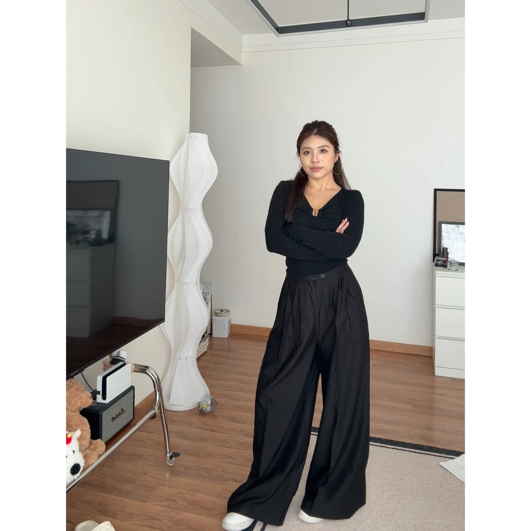 A23女款春夏超宽西装垂感拖地显瘦阔腿直筒长裤
