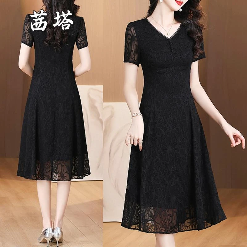 妈妈优雅气质网纱连衣裙夏季法式减龄显瘦过膝裙子收腰修身大码裙