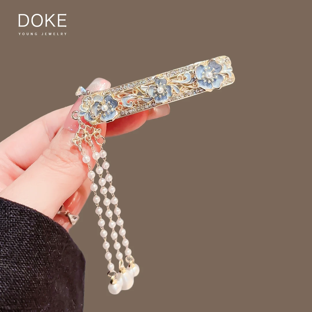 法式蓝色花朵珍珠流苏发夹女新款侧边刘海夹子碎发鸭嘴夹时尚发卡