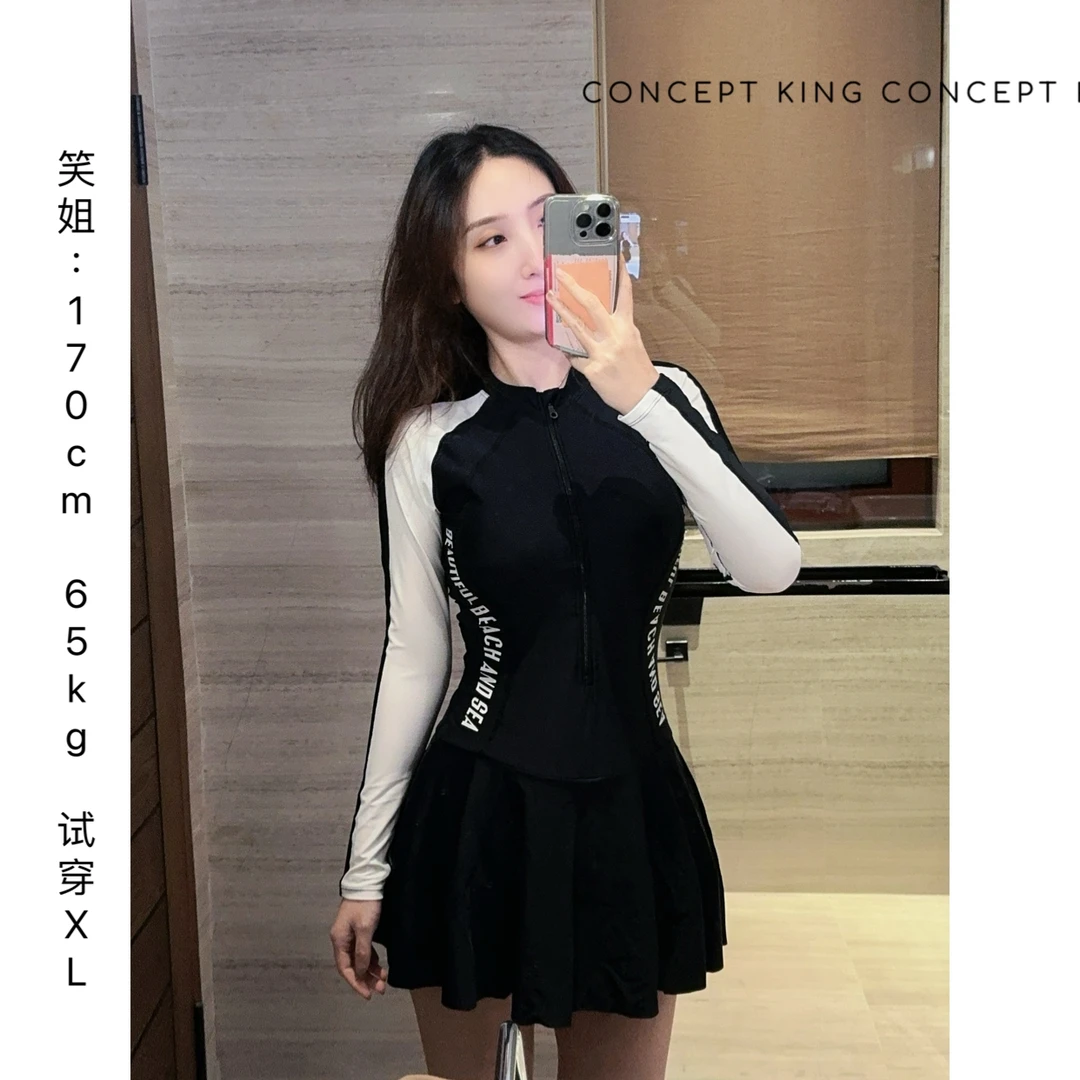 YX【黑白经典款】连体裙式新款遮肚保守显瘦速干温泉修身泳衣女