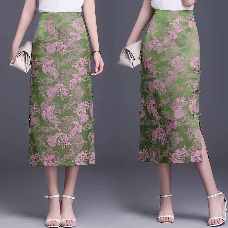 富贵感高档中式国风盘扣提花包臀裙2025夏新款时尚优雅开叉半身裙