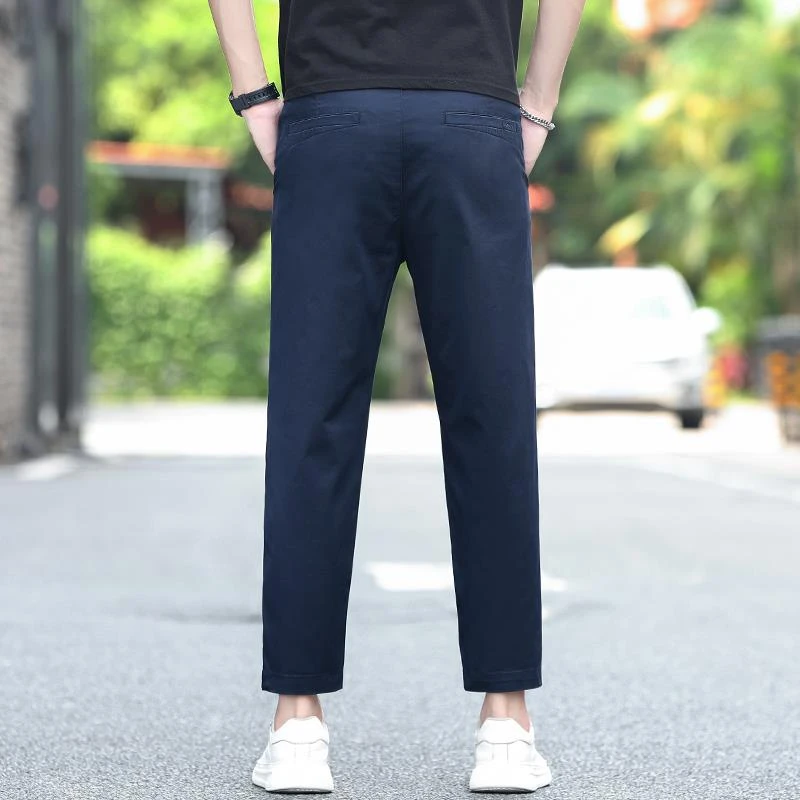 夏季薄款九分休闲裤男士韩版修身直筒潮牌百搭弹力松紧腰速干西裤