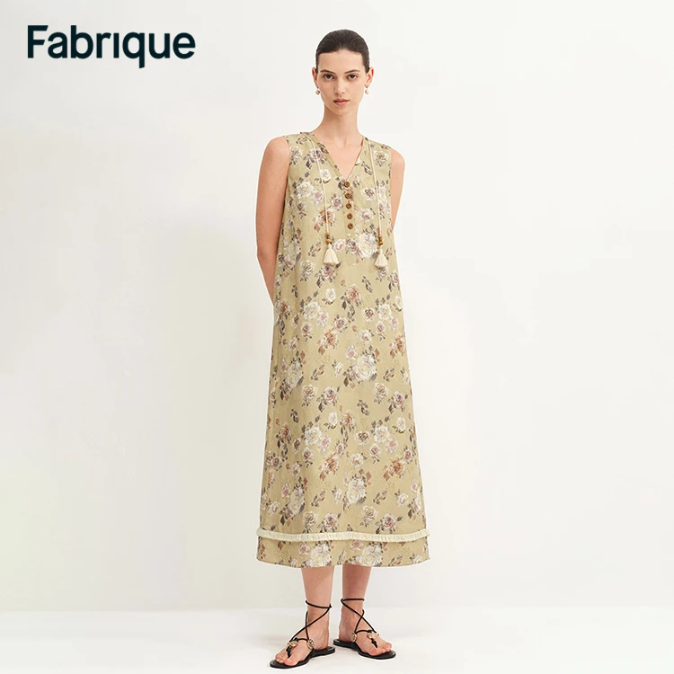Fabrique【禾冉同款】巴洛克玫瑰亚麻V领复古国风印花无袖连衣裙