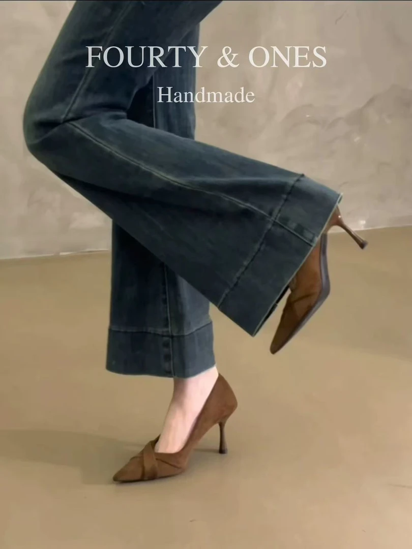 软皮版~法式绝美尖头交叉带高跟鞋2025新款复古绒面浅口细跟单鞋