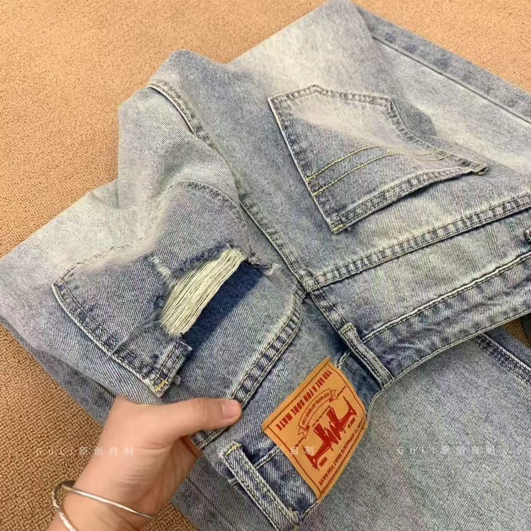 GL 后口袋水洗磨破牛仔裤辣妹简约宽松阔腿高腰夏新款拖地直筒