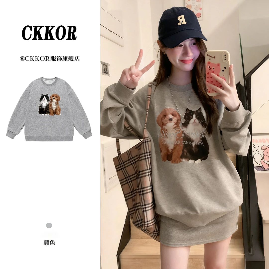 CKKOR美式复古圆领长袖卫衣女早秋新款潮牌小众高级感慵懒风上衣