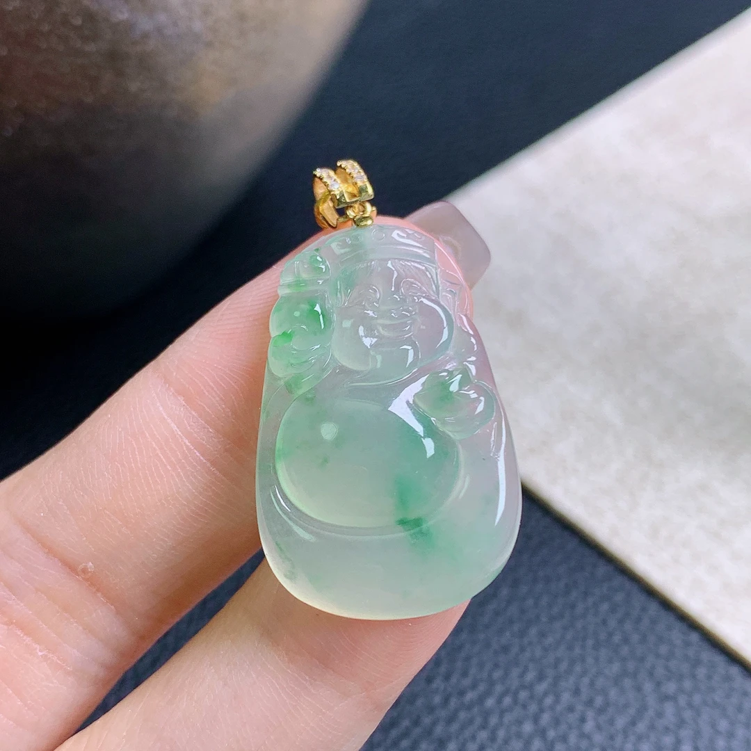 天然缅甸a货翡翠冰种飘绿花财神爷吊坠种水很好高品质精品玉石