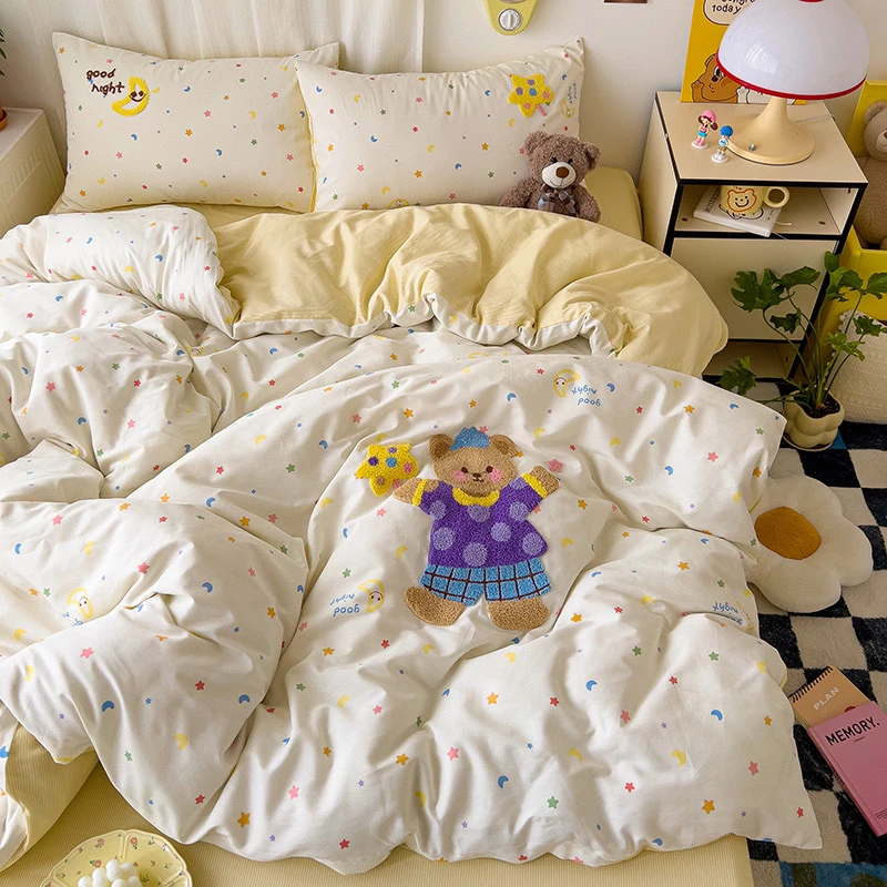 【魔法小熊】100%全棉毛巾绣呆萌系列四件套可爱小清新床单