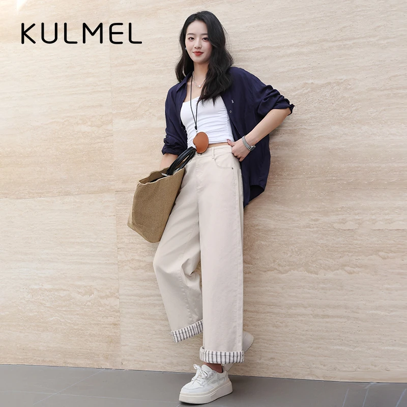 裤喵【来杯拿铁】翻边白牛仔筒裤-爽利松弛ins氛围感宽松显瘦休闲