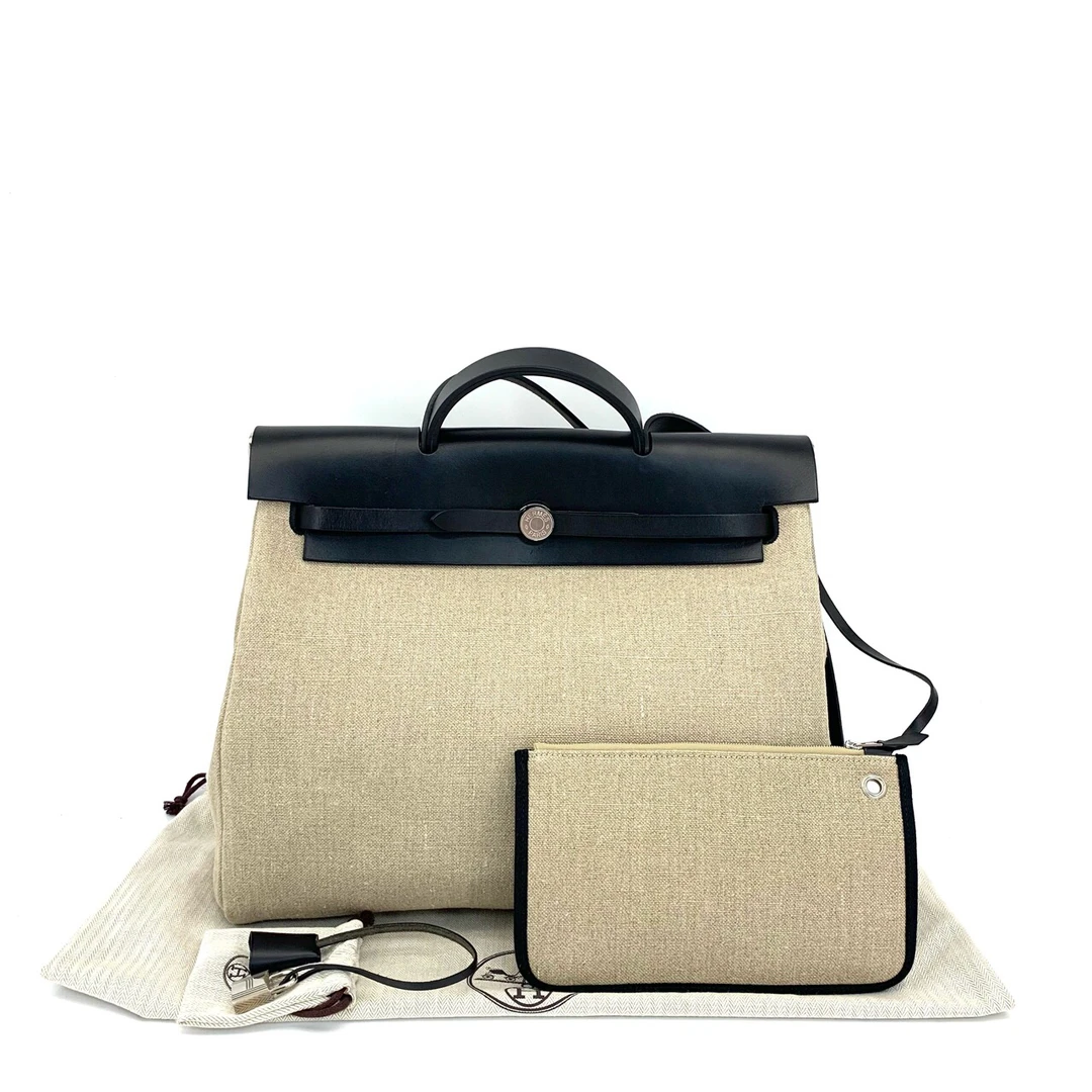 99新 Hermes/爱马仕 亚麻色帆布拼皮herbag39手提包 尺寸39/28