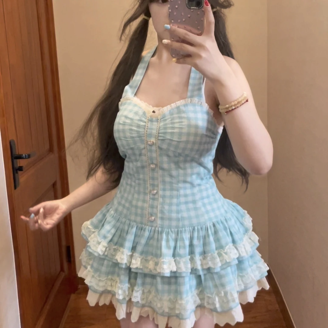 古着挂脖薄荷绿吊带Lo感