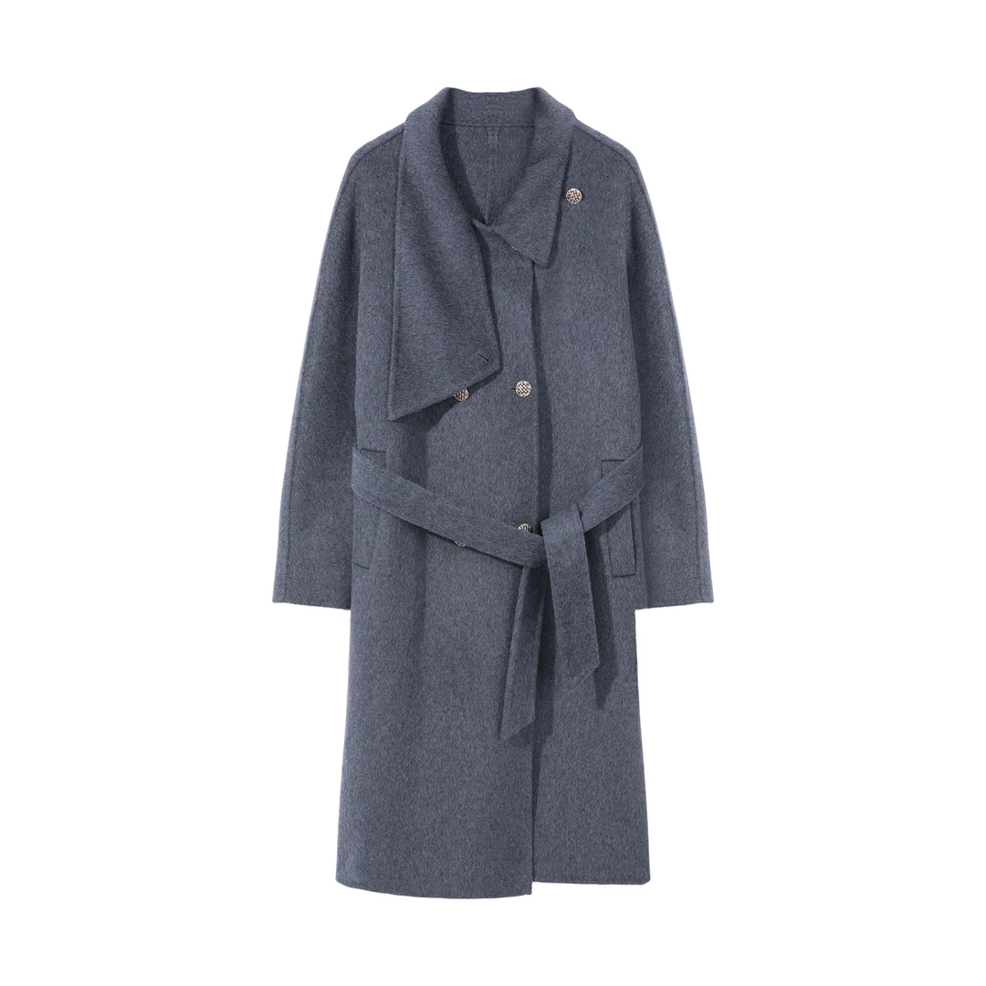 海军领羊驼毛大衣长款毛呢外套宽袖西装领直下摆