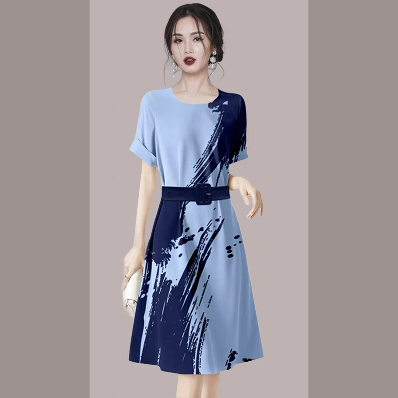 夏季短袖蓝色印花职业连衣裙女装2025新款气质显瘦中长裙
