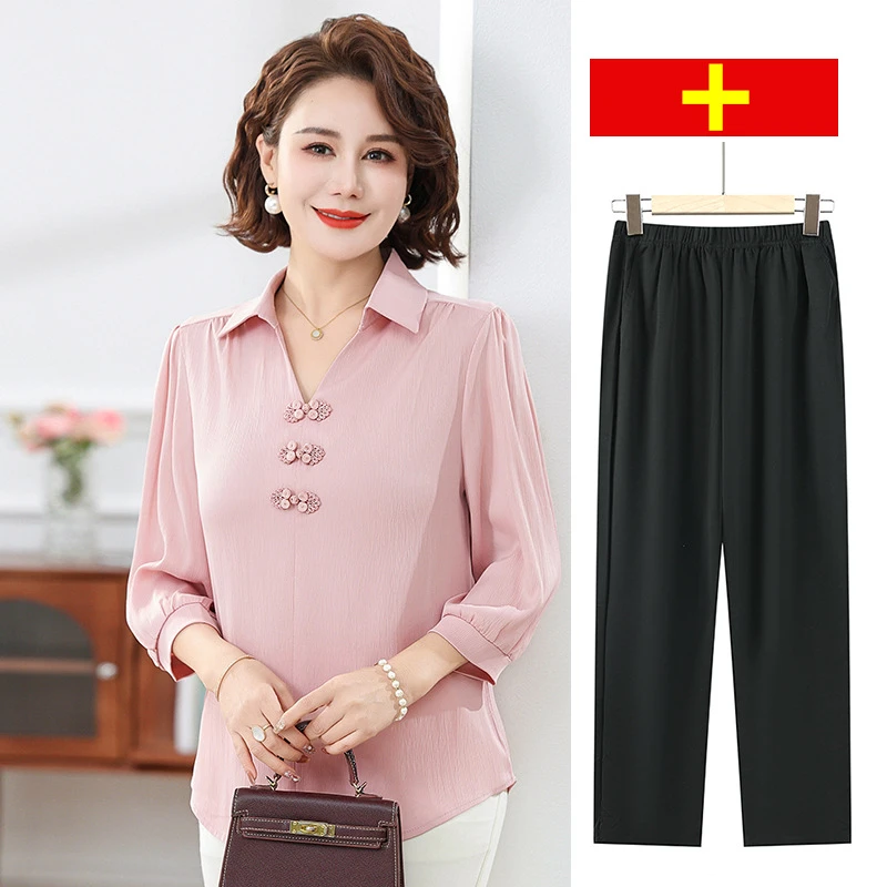 妈妈夏装七分袖衬衫2025新款洋气中老年女装小衫套装时尚T恤上衣