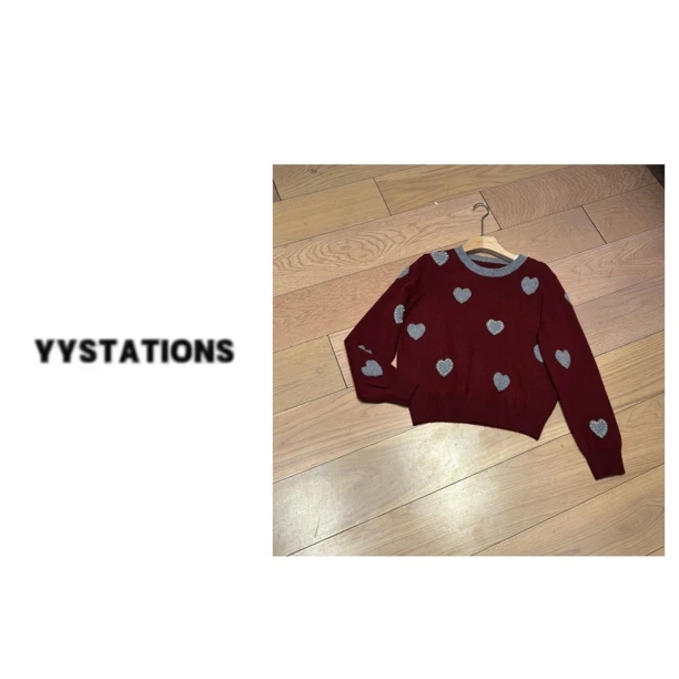 YYSTATIONS 韩版爱心钉珠减龄甜美显瘦长袖针织上衣-1002