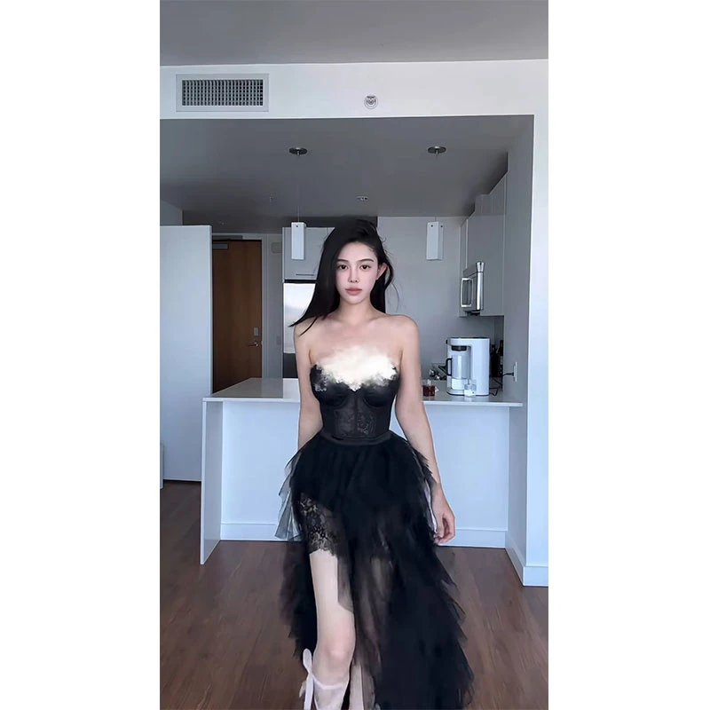 chic网红同款纯欲风抹胸裙女2025夏季新款黑色蕾丝朦胧美薄纱长裙